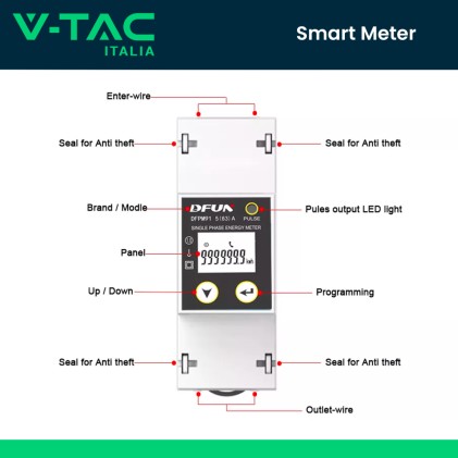 V-TAC Smart Meter DFUN Monofase Contatore Bidirezionale 1*230V RS485 per Misurazione Precisa e Controllo Energetico Avanzato