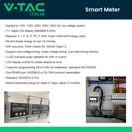V-TAC Smart Meter DFUN Trifase Contatore Bidirezionale 3*230V/400V RS485 per Misurazione Precisa e Controllo Energetico Avanzato