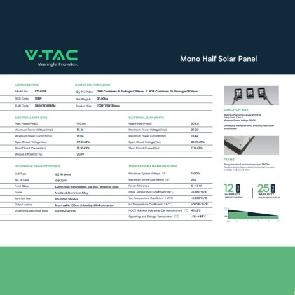 V-TAC Pannello Solare Fotovoltaico Monocristallino Modulo 410W 1722*1134*35mm Cornice Nera (Full Black)