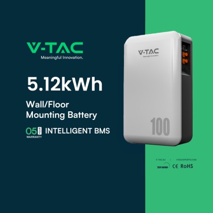 V-TAC Batteria di Accumulo 5.12kWh al Litio-Ferro-Fosfato (LiFePO4) da Muro BMS Integrato per Inverter Fotovoltaici (51.2V 100Ah) IP65