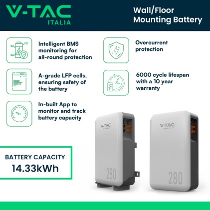 V-TAC Batteria di Accumulo 14.33kWh al Litio-Ferro-Fosfato (LiFePO4) da Muro BMS Integrato per Inverter Fotovoltaici (51.2V 280Ah) IP65