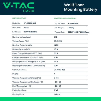 V-TAC Batteria di Accumulo 14.33kWh al Litio-Ferro-Fosfato (LiFePO4) da Muro BMS Integrato per Inverter Fotovoltaici (51.2V 280Ah) IP65