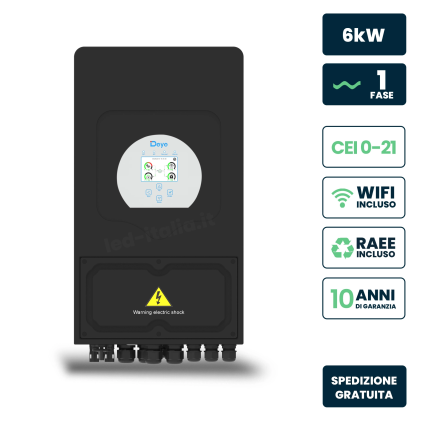 V-TAC Inverter Fotovoltaico Deye Monofase Ibrido On-Grid/Off-Grid 6kW, Doppio MPPT, CEI 0-21, Schermo LCD Touch, WiFi e TA Inclusi, Colore Nero Garanzia 10 Anni IP65