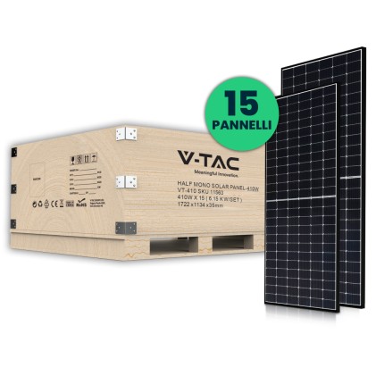 V-TAC Set 6kW (6.15 kW) con 15 Pannelli Solari Fotovoltaici Monocristallini 410W 1722*1134*35mm Black Frame (SKU 11561)