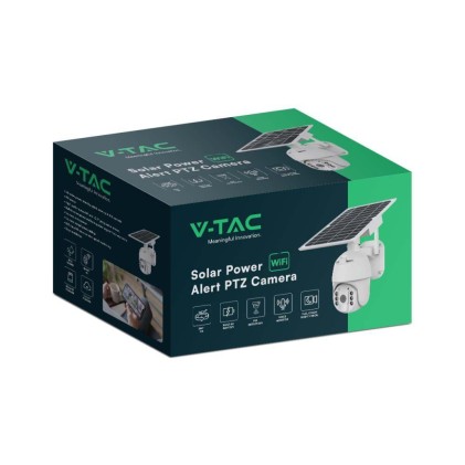 V-TAC Camera di Videosorveglianza con Pannello Solare HD Orientabile PTZ WiFi Visione Notturna e Sensore di Movimento con Microfono e Altoparlante Integrati Colore Bianco