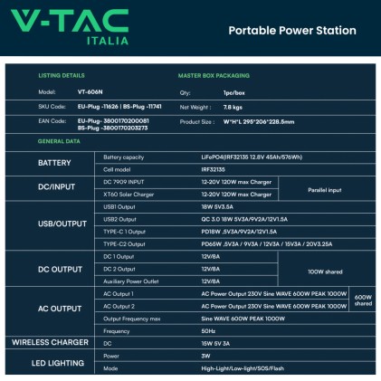 V-TAC Power Station Portatile con Batteria di Accumulo LiFePO4 576Wh AC:220V 600W (Max. 1000W) con 2 Prese Schuko Ricaricabile con Cavo di Alimentazione o Pannello Solare Fotovoltaico Portatile