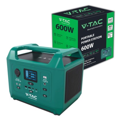 V-TAC Power Station Portatile con Batteria di Accumulo LiFePO4 576Wh AC:220V 600W (Max. 1000W) con 2 Prese Schuko Ricaricabile con Cavo di Alimentazione o Pannello Solare Fotovoltaico Portatile