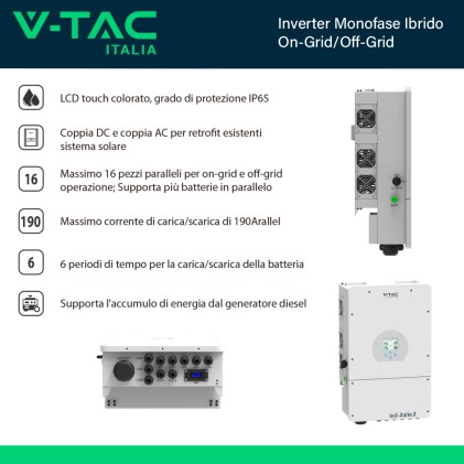V-TAC Inverter Fotovoltaico Deye Monofase Ibrido On-Grid/Off-Grid 8kW (NO CEI 0-21) con Schermo LCD Touch a Colori e Smart Meter Integrato inclusi TA e WiFi Garanzia 5 Anni (Estendibile a 10 Anni) IP65