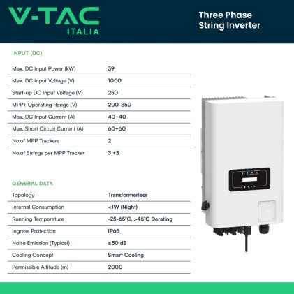 V-TAC Inverter Fotovoltaico Deye Trifase di Rete On-Grid 30kW con Schermo LCD e Smart Meter Integrato inclusi TA e WiFi Garanzia 5 Anni IP65