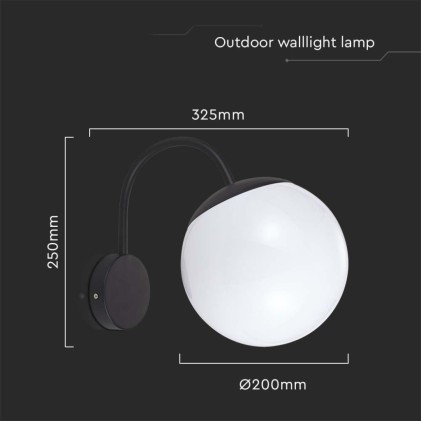 V-TAC Lampada LED da Muro con Sfera Opale e Portalampada E27 Colore Nero Opaco IP44