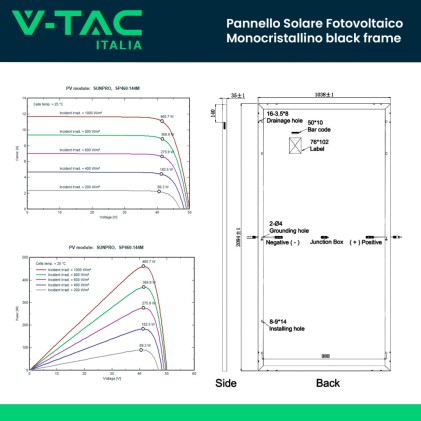 V-TAC Pannello Fotovoltaico 460W TIER 1 Classe 1 Monocristallino 2094*1038*35mm Black Frame