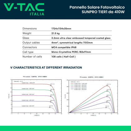 V-TAC Pannello Solare Fotovoltaico SUNPRO TIER1 da 410W Silver Frame 1724x1134x35mm