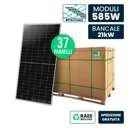 Bancale 21.64kW con 37 Pannelli Solari 585W N-Type TOPCon Bifacciale Silver Frame 2278x1134x30mm