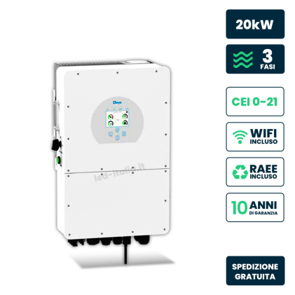 V-TAC Inverter Fotovoltaico Alta Tensione Deye Trifase Ibrido On-Grid/Off-Grid 20kW, Doppio MPPT, CEI 0-21, Schermo LCD Touch, WiFi e TA Inclusi, Garanzia 10 Anni IP65
