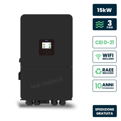 Inverter Fotovoltaico Deye Trifase Ibrido On-Grid/Off-Grid 15Kw, Cei 0-21, Doppio Mppt, Schermo Lcd Touch, Wifi E Ta Inclusi, Colore Nero Garanzia 10 Anni Ip65