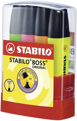 Stabilo Boss 70 Parade Confezione da 4 pennarelli fluorescenti - Linea tra 2 e 5 mm - Ricaricabile - Inchiostro a base d acqua - Colori assortiti