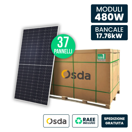 Bancale 17Kw Con 37 Pannelli Solari Fotovoltaici Moduli 480W Osda Solar Tier-1 Monocristallini N-Type Topcon Silver Frame Ip67/Ip68 1903X1134X30Mm