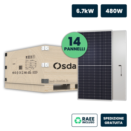 Set 6.7Kw Con 14 Pannelli Solari Fotovoltaici Moduli 480W Osda Solar Tier-1, Monocristallino N-Type Topcon, Silver Frame Ip67/Ip68 1903X1134X35Mm
