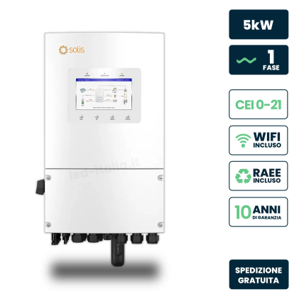 V-TAC Inverter Fotovoltaico Solis Monofase Ibrido On-Grid/Off-Grid 5kW, Doppio MPPT, CEI 0-21, Schermo LCD, WiFi e TA Inclusi, Garanzia 10 Anni IP66