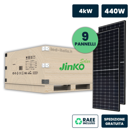 Set 4Kw Con 9 Pannelli Solari Fotovoltaici Moduli 440W Jinko Solar Tier-1 Tiger Neo, Monocristallini N-Type Topcon, Black Frame Ip67/Ip68 1762X1134X30Mm
