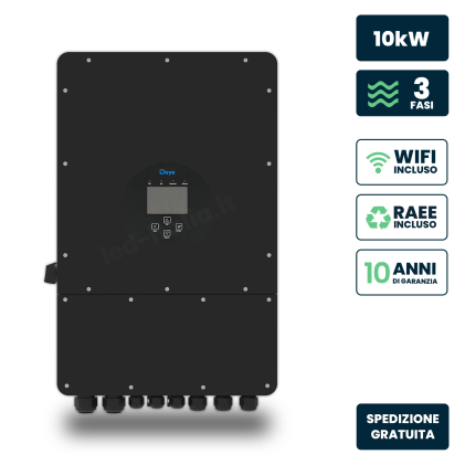 Inverter Fotovoltaico Deye Trifase Ibrido On-Grid/Off-Grid 10Kw, Doppio Mppt, Cei 0-21, Schermo Lcd Touch, Wifi E Ta Inclusi, Garanzia 10 Anni Nero Ip65