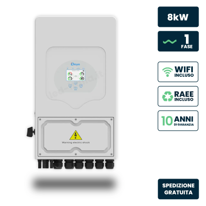 Inverter Fotovoltaico Deye Monofase Ibrido On-Grid/Off-Grid 8Kw, Doppio Mppt, Senza Cei 0-21, Schermo Lcd Touch, Wifi E Ta Inclusi, Garanzia 10 Anni Ip65