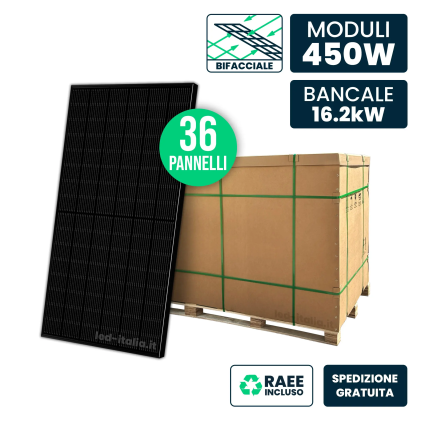 Bancale 16.2kW con 36 Pannelli Solari 450W N-Type Bifacciali Full Black 1762x1134x30mm