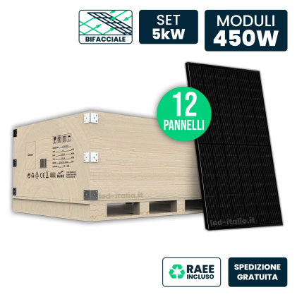 Set 5kW con 12 Pannelli Solari 450W N-Type Bifacciali Full Black 1762x1134x30mm