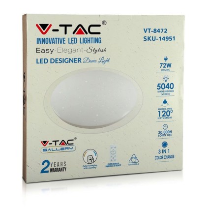 V-TAC Plafoniera LED Rotonda 72W con Telecomando Cambia Colore 3 in 1 Effetto Stellato d: 670mm h: 75mm Dimmerabile