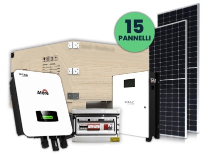 V-TAC Italia KIT Fotovoltaico Monofase 6kW con Inverter Ibrido, 15 Moduli AUSTA 410W (6.15kW) Silver Frame con Accumulo LFP 10kWh e Quadro Combinato 2-2 AC-DC 6kW