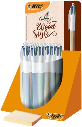 Bic 4 Colors Wood Style Espositore da 30 penne a sfera retrattili - Punta media da 1,0 mm - Inchiostro a base di olio - Design in legno - 4 colori