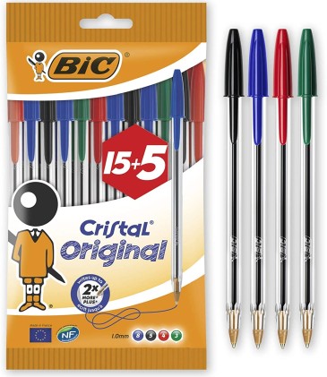 Bic Cristal Original 15+5 Confezione da 20 Penne a Sfera - Punta Roller da 1,0 mm - Corsa 0,4 mm - Inchiostro a Base di Olio - Colori Assortiti