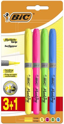 Bic Highlighter Grip Confezione da 4 Pennarelli Fluorescenti - Inchiostro a Base Acqua - Punta a Scalpello - Tratto tra 1,60 e 3,30 mm - Colori Assortiti