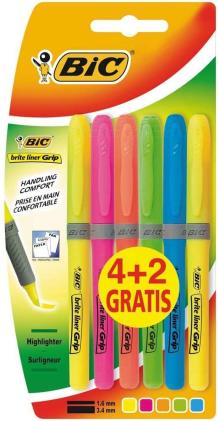 Bic Brit Liner Grip 4+2 Confezione da 6 pennarelli fluorescenti - Inchiostro a base d'acqua - Punta a scalpello - Dimensioni del tratto tra 1,60 e 3,30 mm - Colori assortiti