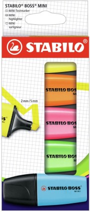 Stabilo Boss Mini Confezione da 5 pennarelli fluorescenti - Linea tra 2 e 5 mm - Inchiostro a base d acqua - Anti-essiccazione - Colori assortiti