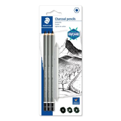 Staedtler Mars Lumograph Charcoal 100C Confezione da 3 matite di grafite + Smudger - Alta proporzione di carboncino e carboncino - Graduazioni assortite