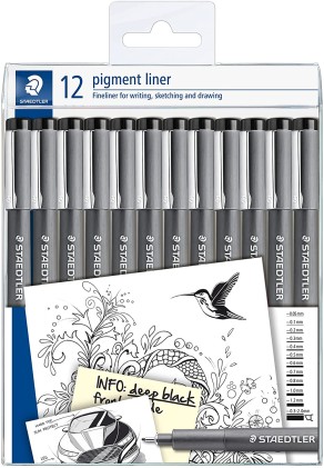 Staedtler Pigment Liner 308, confezione da 12 pennarelli calibrati, punte assortite, colore nero