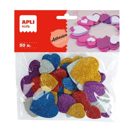 Apli Cuori Adesivi in ​​Gomma Eva - 50 Forme - Misure Assortite - Materiale Morbido e Sicuro - Glitter Colori Assortiti