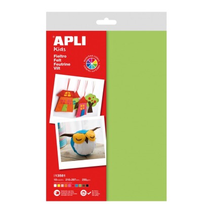 Apli Confezione da 10 Fogli in Feltro A4 - Spessore 250g/m&sup2; - 40% Lana Naturale - Colori Assortiti