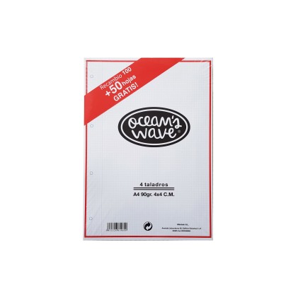 Oceans Wave Confezione da 100 Fogli a Griglia con 4 Fori A4 90gr + 50 in Omaggio - Griglia 4x4 - Colore Bianco