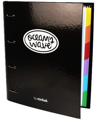 Cartella Oceans in Cartone Resistente alle Onde - 4 Anelli Misti da 40mm - Chiusura in Gomma - Include 100 Fogli a Griglia da 90gr + 20 Omaggio - Divisori in Cartone in 6 Colori - Colore Nero