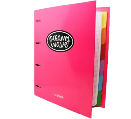Cartella Oceans in Cartone Resistente alle Onde - 4 Anelli Misti da 40mm - Chiusura in Gomma - Include 100 Fogli in Griglia da 90gr + 20 in Omaggio - Divisori in Cartone in 6 Colori - Colore Rosa
