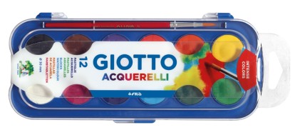 Giotto Confezione da 12 Acquerelli da 30mm + Pennello - Colori Brillanti, Intensi e Vivaci - Alta Copertura - Colori Assortiti
