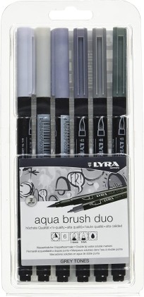 Lyra Aqua Brush Duo Pack 6 Pennarelli a doppia estremit&agrave; - Linee 1-5 e 1 mm - Inchiostro a base acqua - Colori Toni di grigio