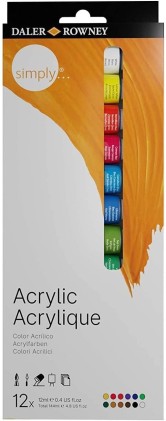 Daler Rowney Simply Confezione da 12 colori acrilici - Asciugatura rapida - Copertura ottimale - Colori miscelabili 12 ml - Colori assortiti