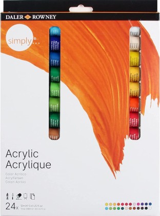Daler Rowney Simply Confezione da 24 colori acrilici - Asciugatura rapida - Copertura ottimale - Colori miscelabili 12 ml - Colori assortiti