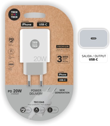 Caricabatterie da muro TechOneTech USB-C PD 3.0 5V-15V 20W - Ultraveloce