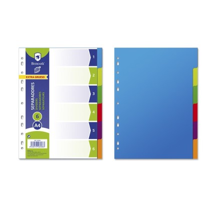 Confezione da 6 divisori Bismark - Formato A4 - Extra spessi - Realizzati in propilene - Colori assortiti