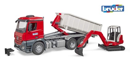 Modello CAMION MB AROCS con Contenitore e Mini Pala SCHAEFF HR 16 - BRUDER 3624 - Grigio e Rosso