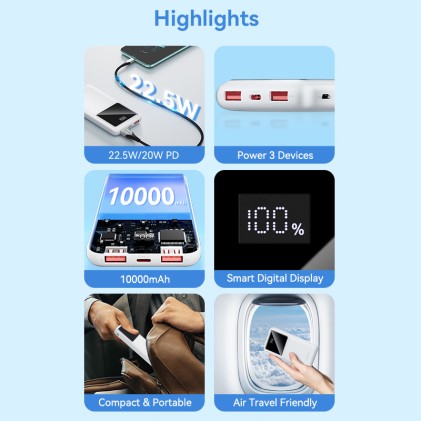 Vention FHKB0 PowerBank 10000 mAh Bianco, Display, micro usb, usb-c, usb-a, 22.5W
